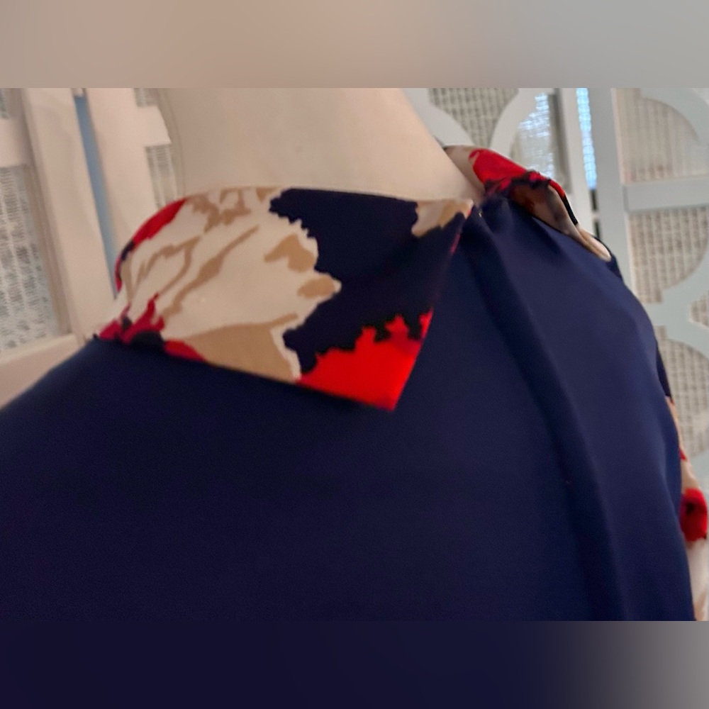 Vintage Navy Blue Dress Red Flowers 70s A Line Polyester 60s 1970s - Picture 11 of 15
